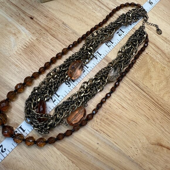 Multi-Strand Bronze Chain & Amber Beaded Statement Necklace By Talbots - Picture 6 of 9